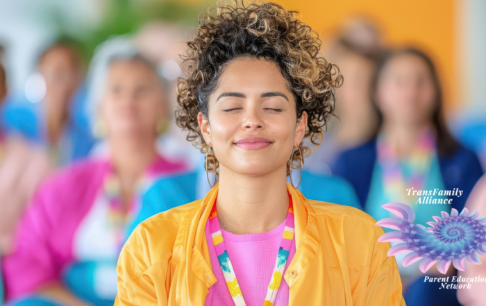 Female-presenting BIPOC individual smiling with eyes closed in a meditative pose