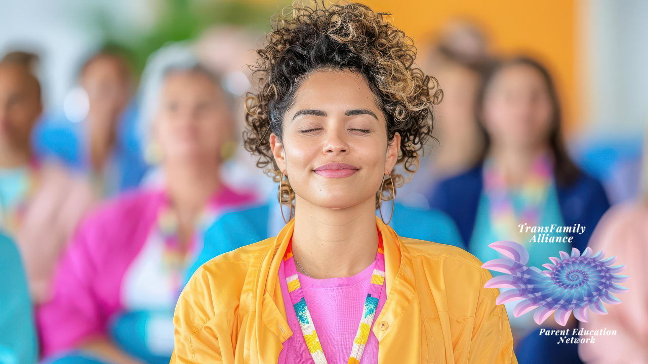 Female-presenting BIPOC individual smiling with eyes closed in a meditative pose