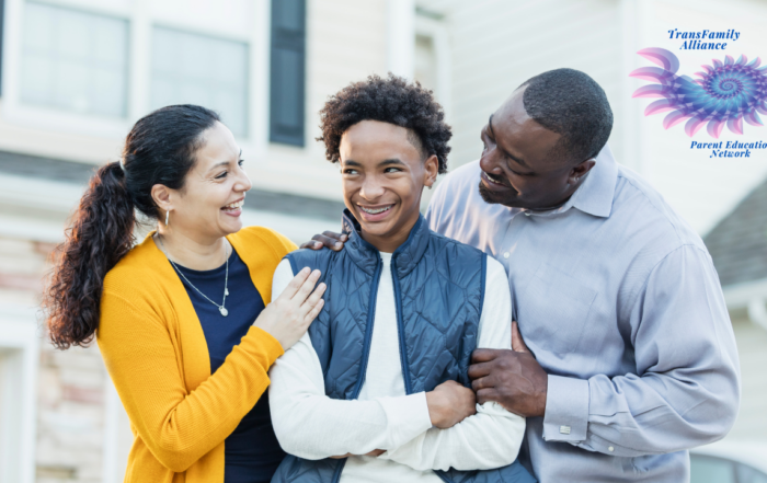 Two parents flanking their trans, non-binary, or otherwise gender-diverse teen in supportive fashion due to their understanding of social transitions along the Gender Journey process