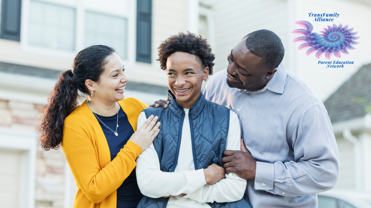 Two parents flanking their trans, non-binary, or otherwise gender-diverse teen in supportive fashion due to their understanding of social transitions along the Gender Journey process