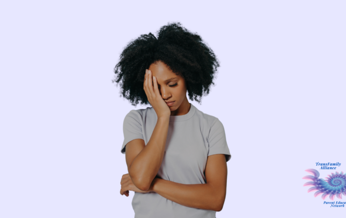 Parent standing against a lilac purple backdrop with a facial expression that conveys, My kid came out as non-binary and I feel completely lost