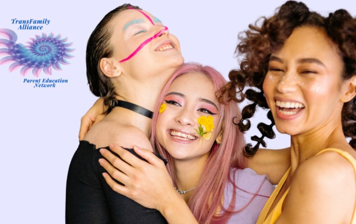 Young people laughing and hugging each other, celebrating the ways they are supporting trans and non-binary youth