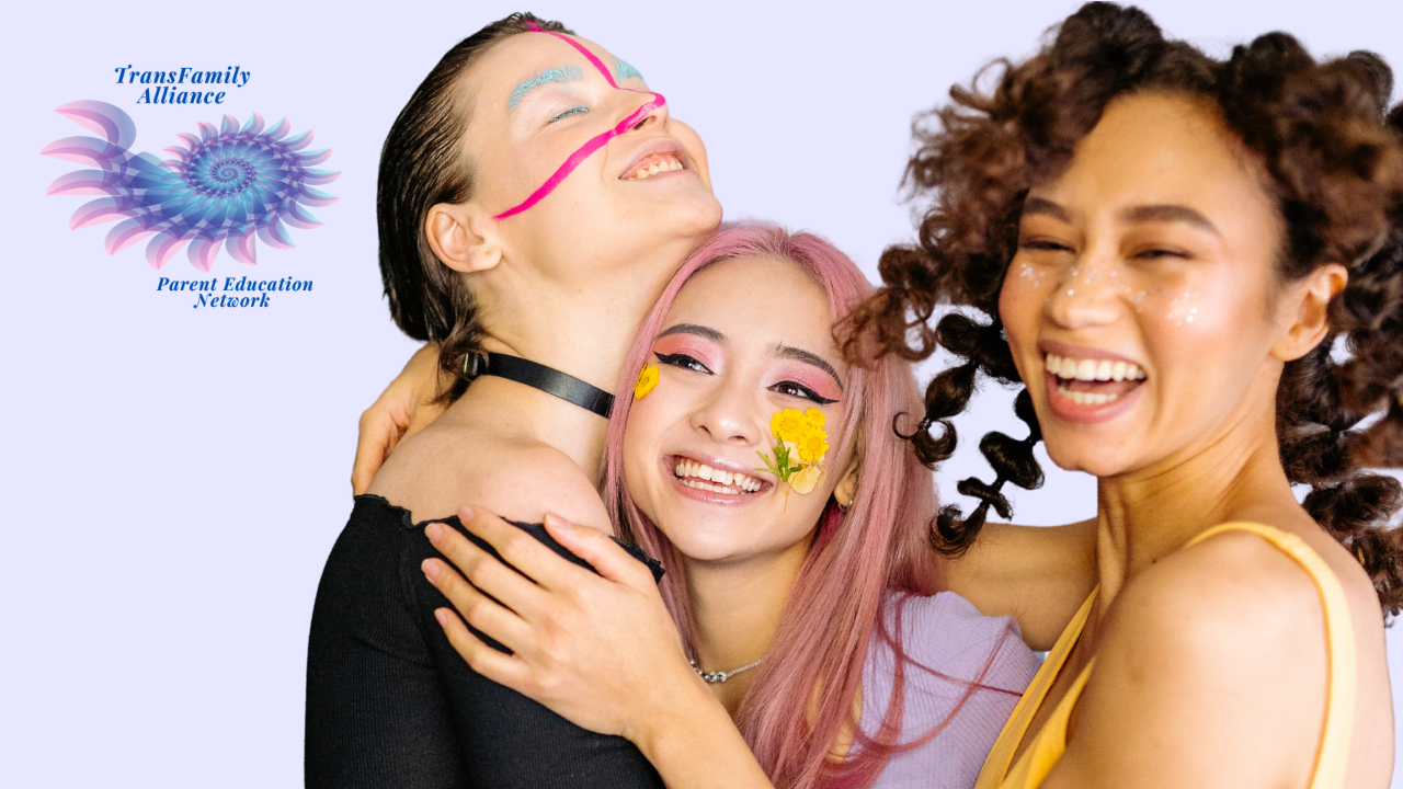 Young people laughing and hugging each other, celebrating the ways they are supporting trans and non-binary youth