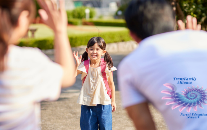 Child with backpack approaching two adults in the foreground, seemingly the parents, and together they are contemplating Phase 1 of the Gender Journey: Gender Awareness.