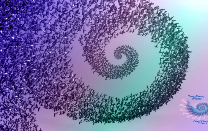 A flock of birds spiraling into a holographic rainbow mist, representing the ascending wisdom of becoming gender informed