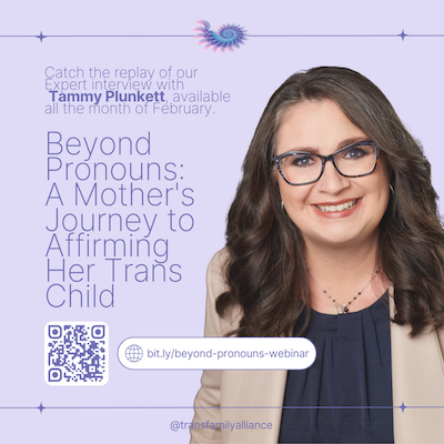 Intelligent and confident seeming parent smiling kindly at the viewer, promoting an interview given from her perspective as a parent of a trans, non-binary, or gender-diverse young person.