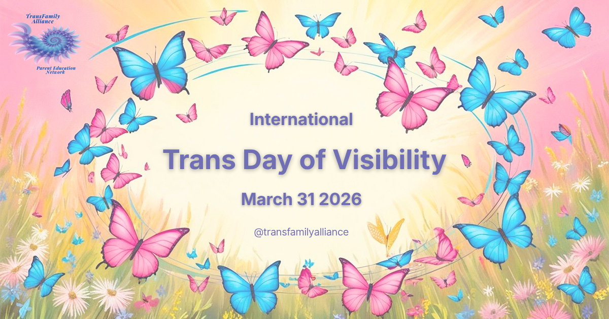 Blue and pink butterflies swirling around text that reads, Internetional Transgender Day of Visibility 2026